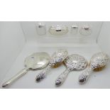 A lot comprising silver dressing table items, mirrors, brushes, jars etc, various makers and marks
