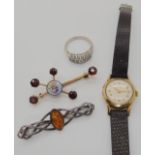A 9ct gold ladies Rotary Maximus watch, a 9ct garnet set South Africa brooch, weight combined 17.
