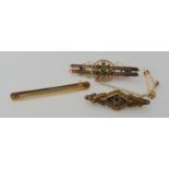 A 9ct gold green gem (af) and pearl brooch and two other 9ct brooches, weight combined 8.2gms