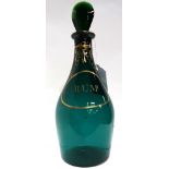 A dark turquoise green rum decanter with gilt decoration Condition Report: nice condition.