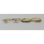A 9ct diamond set ring size P, a 9ct mixed gem 'Dearest' ring size N1/2 and two 9ct cz solitaires