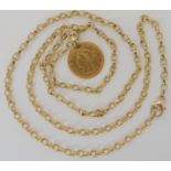 A 9ct gold belcher chain length 60cm, weight 12.9gms, and a gold 1870 2 1/2 Dollar coin with