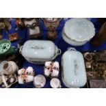 Turquoise glazed pottery tablewares comprising tureens, tazza, serving bowls, platters etc