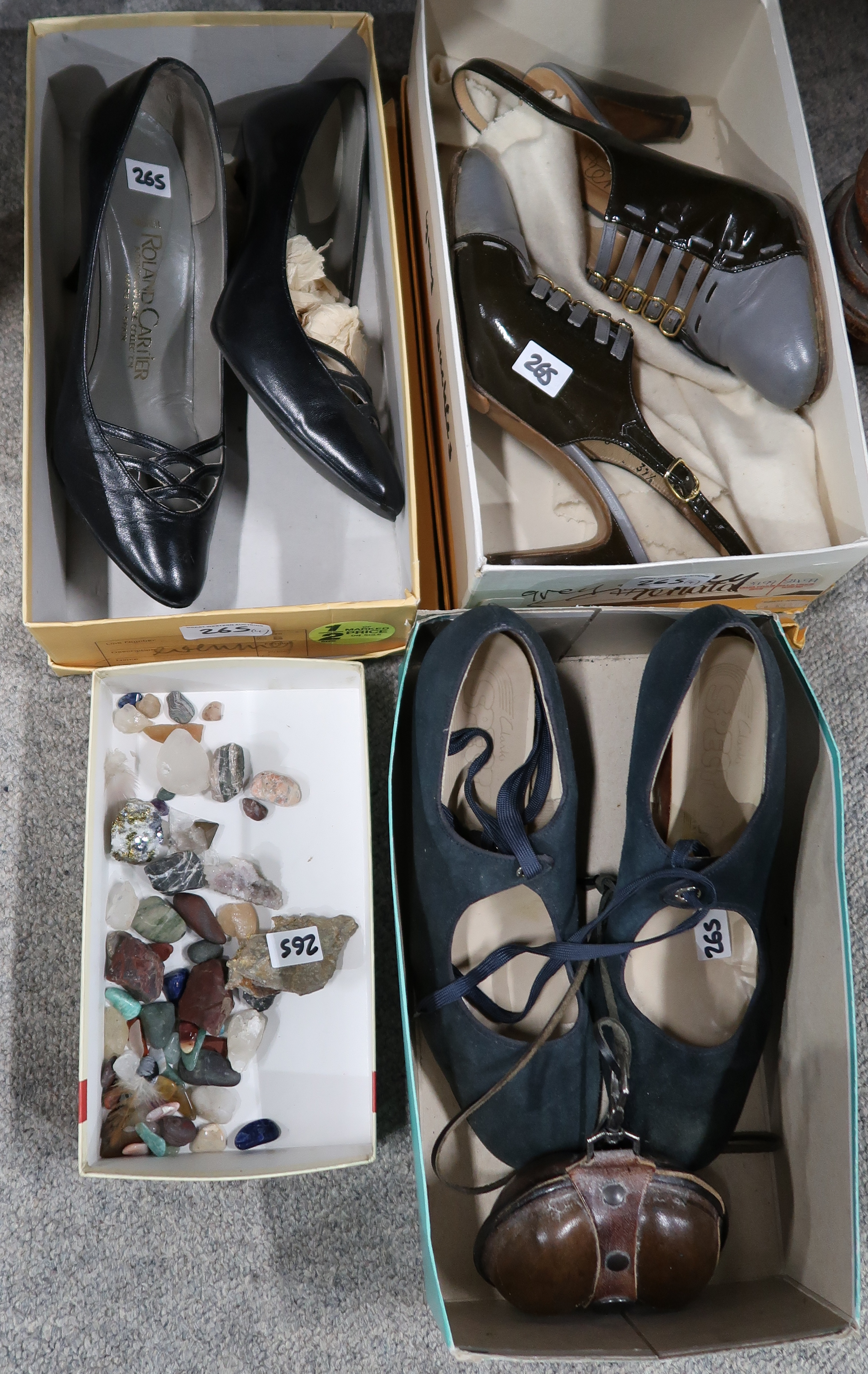 Three pairs of ladies vintage shoes, together with polished stones etc Condition Report: Not