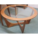 A G-plan teak Astro circular coffee table with glass top, 46cm high x 84cm diameter Condition