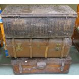 A wood bound travel trunk, metal trunk and a leather trunk (3) The Late Dr Helen. E. C. Cargill