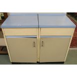 A pair of mid-Century kitchen cabinets with blue Formica tops with single drawer and door, 93cm high
