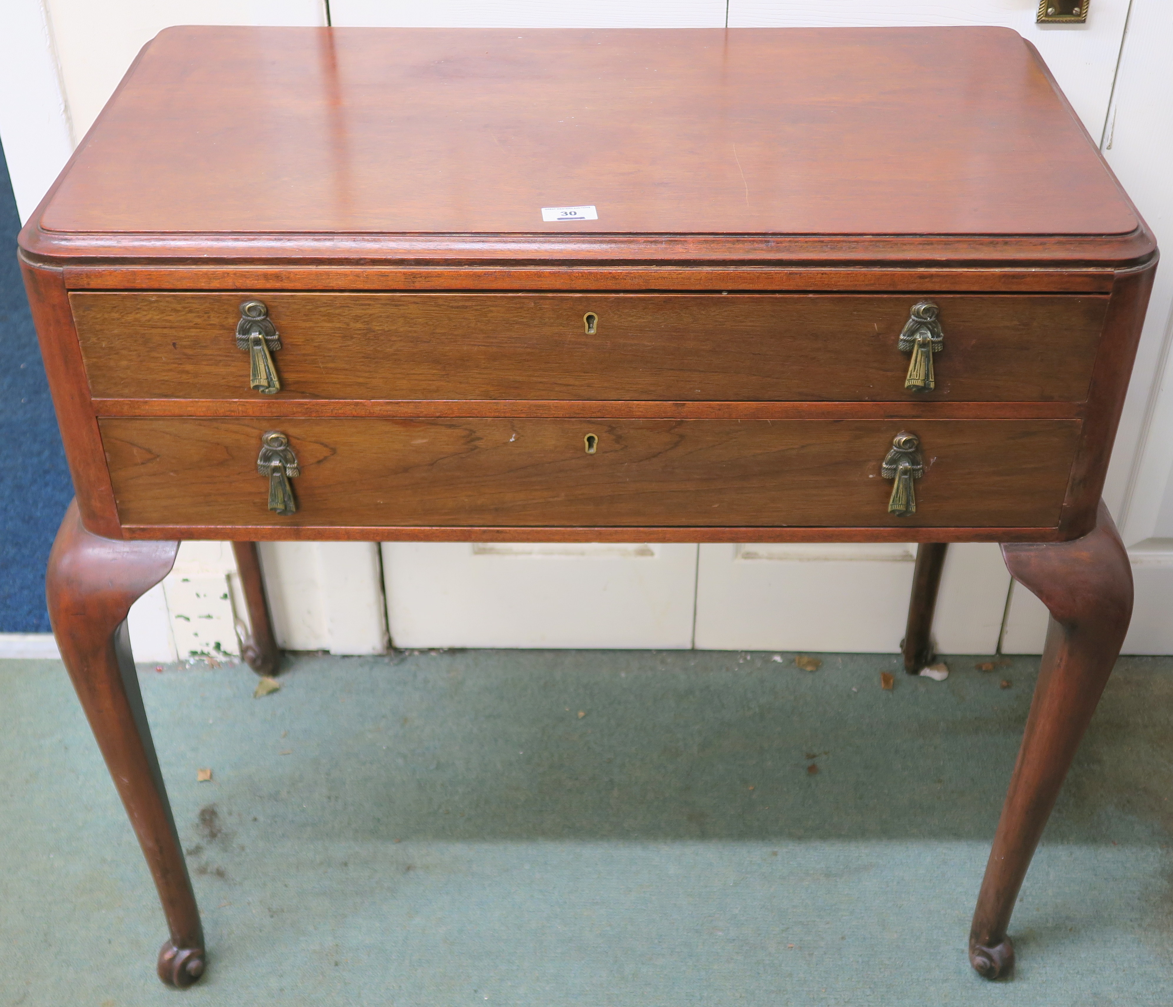 A mahogany two drawer canteen on cabriole legs, 82cm high x 88cm wide x 46cm deep Condition