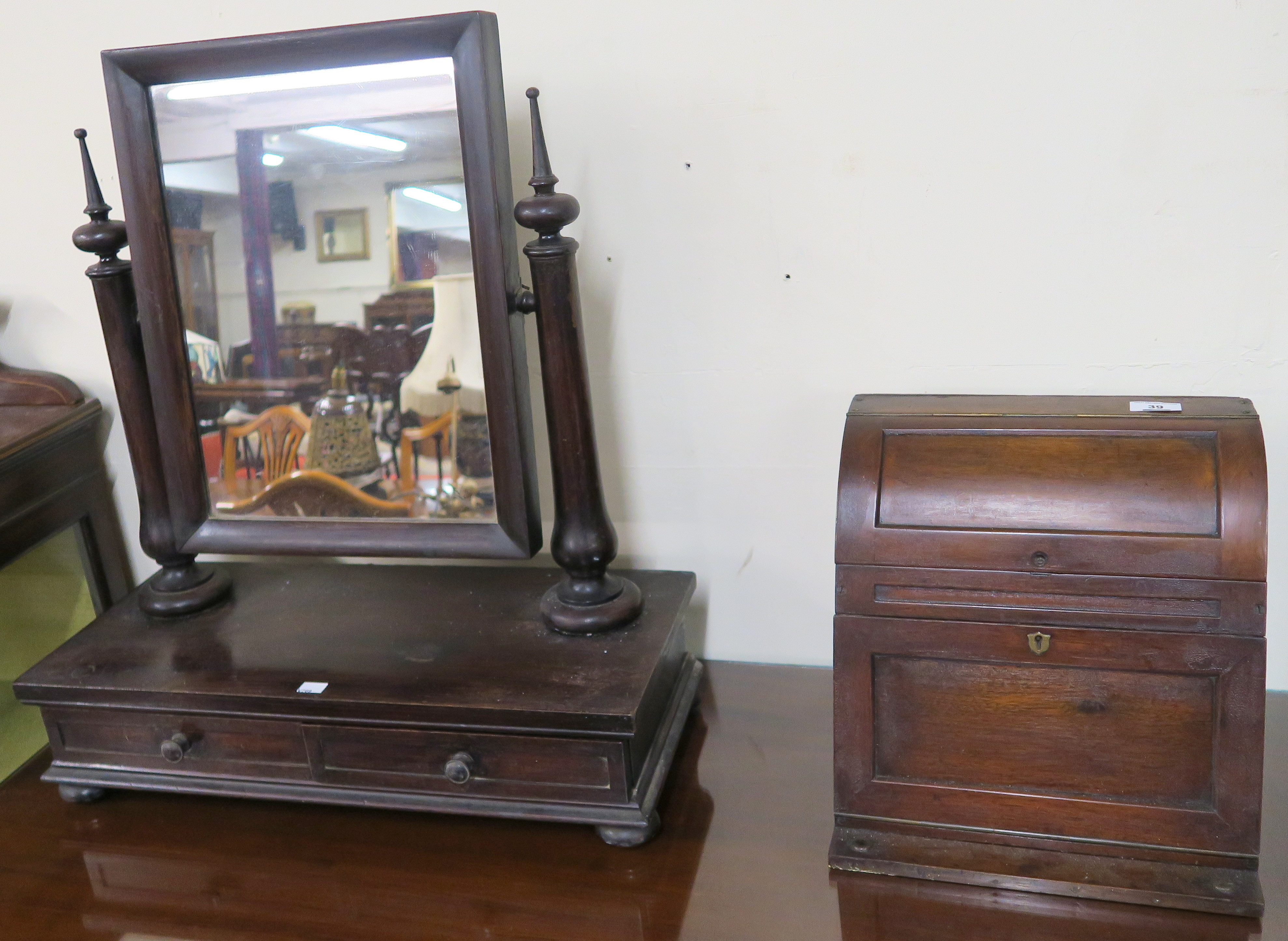 A mahogany toilet mirror with two drawers and a small stationery box (2) Condition Report: Available