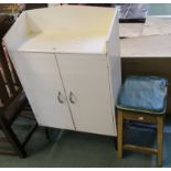 A mid-Century two door cabinet on legs, 103cm high x 61cm wide x 26cm deep and a stool (2) Condition