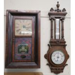 An American walnut wall clock and a carved oak barometer (def) Condition Report: Available upon