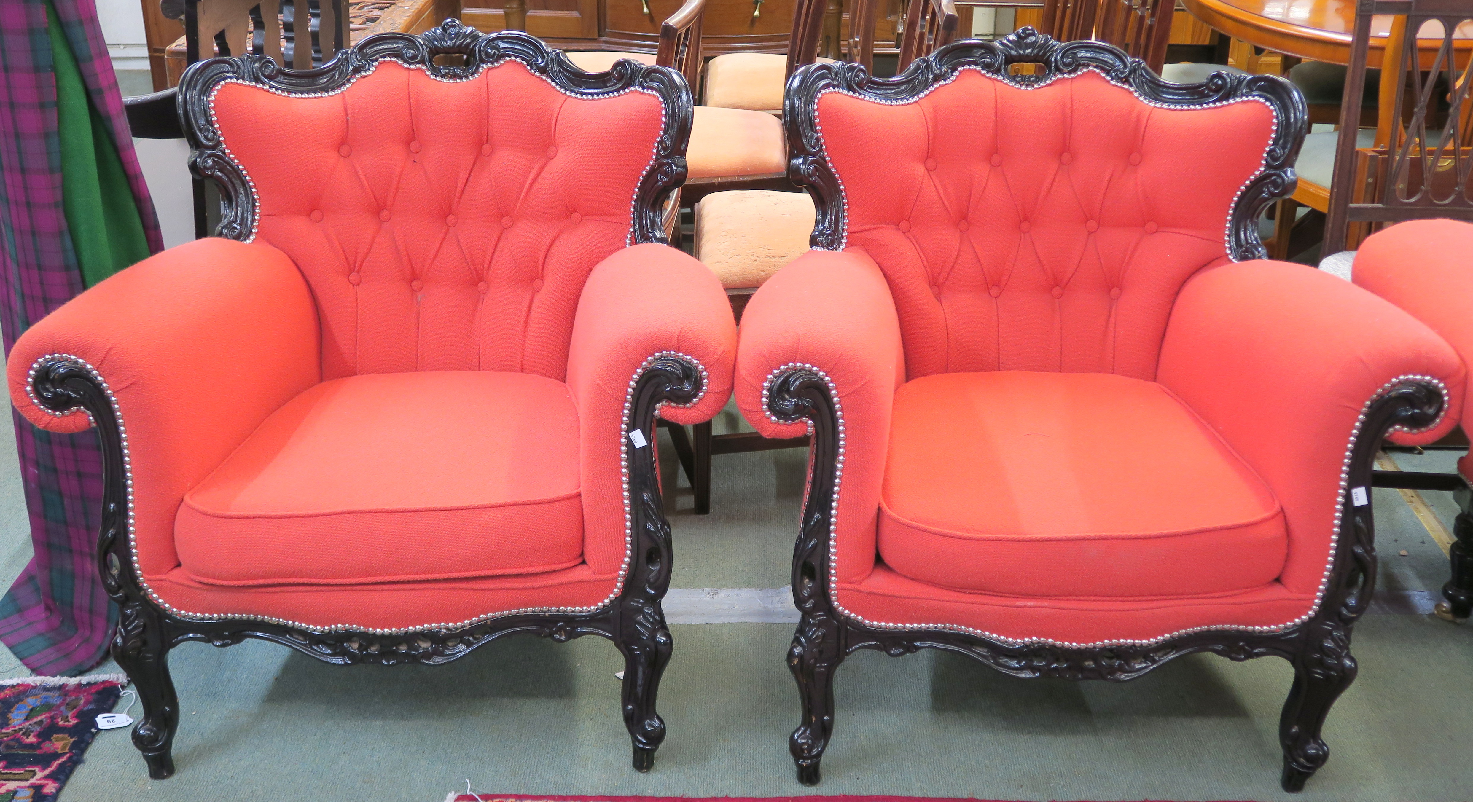 A pair of French style armchairs with painted black frame, 87cm high x 90cm wide x 87cm deep (2)