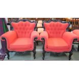 A pair of French style armchairs with painted black frame, 87cm high x 90cm wide x 87cm deep (2)