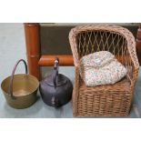 A child's wicker chair, a cast iron kettle, framed woolwork of a peacock and a brass jam pan (4)