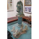 A glass top coffee table with horse base and a ceramic horse head on plinth, 108cm high (2)