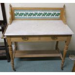 A washstand with ivy leafed tiled back with two drawers and a marble top, 100cm high x 92cm wide x