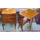 A mahogany three drawer bedside table, 65cm high x 45cm wide x 33cm deep and a small inlaid mahogany