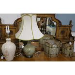 Two glass ceiling shades and two ceramic table lamps (4) Condition Report: Available upon request