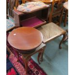 A mahogany lazy Susan, occasional table, small bookcase, tray, cat plaque and a stool (6)