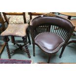 An oak carved stool with barley twist supports and cross stretchers and a Victorian inlaid chair (2)