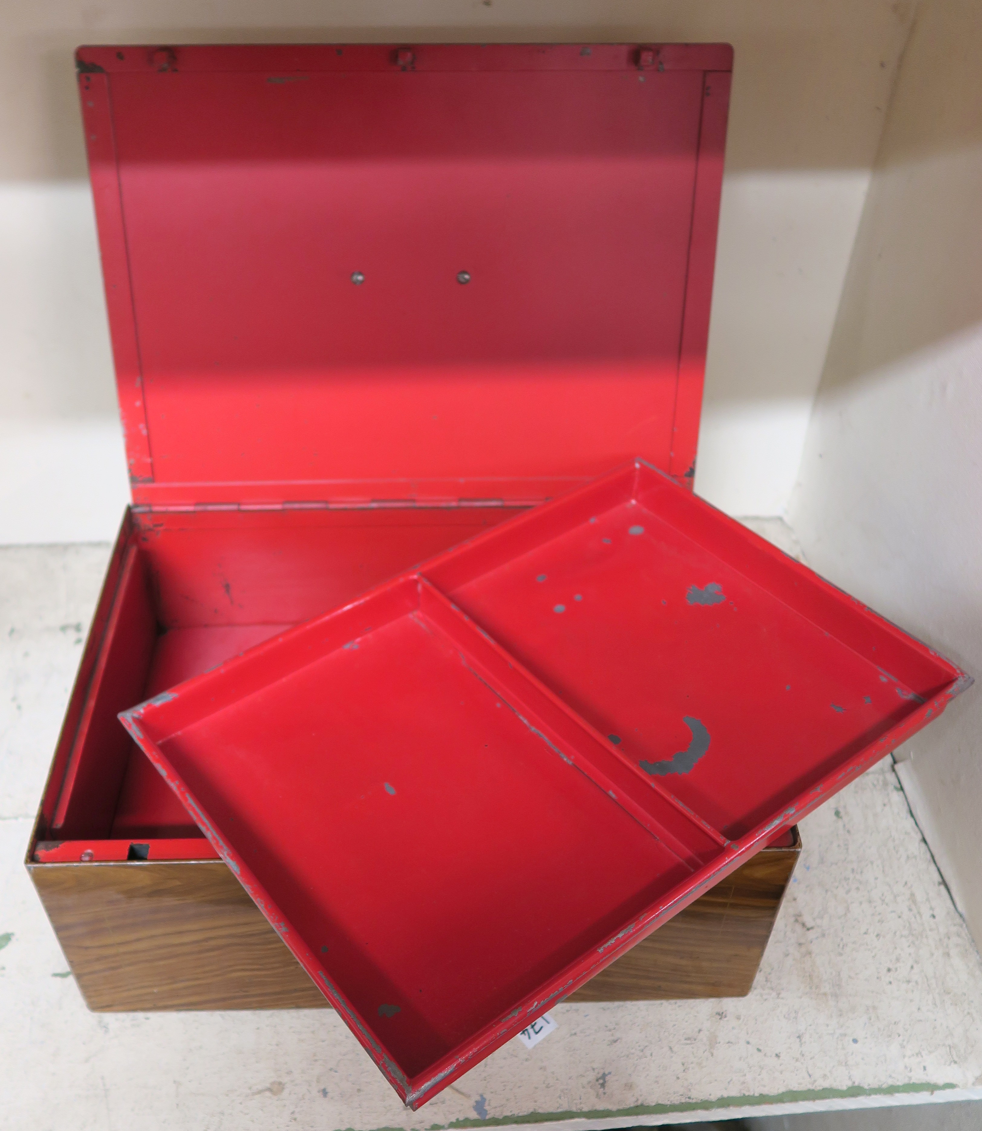 A small metal strong box, 16cm high x 40cm wide x 30cm deep and a brass topped folding table (2) - Image 2 of 2