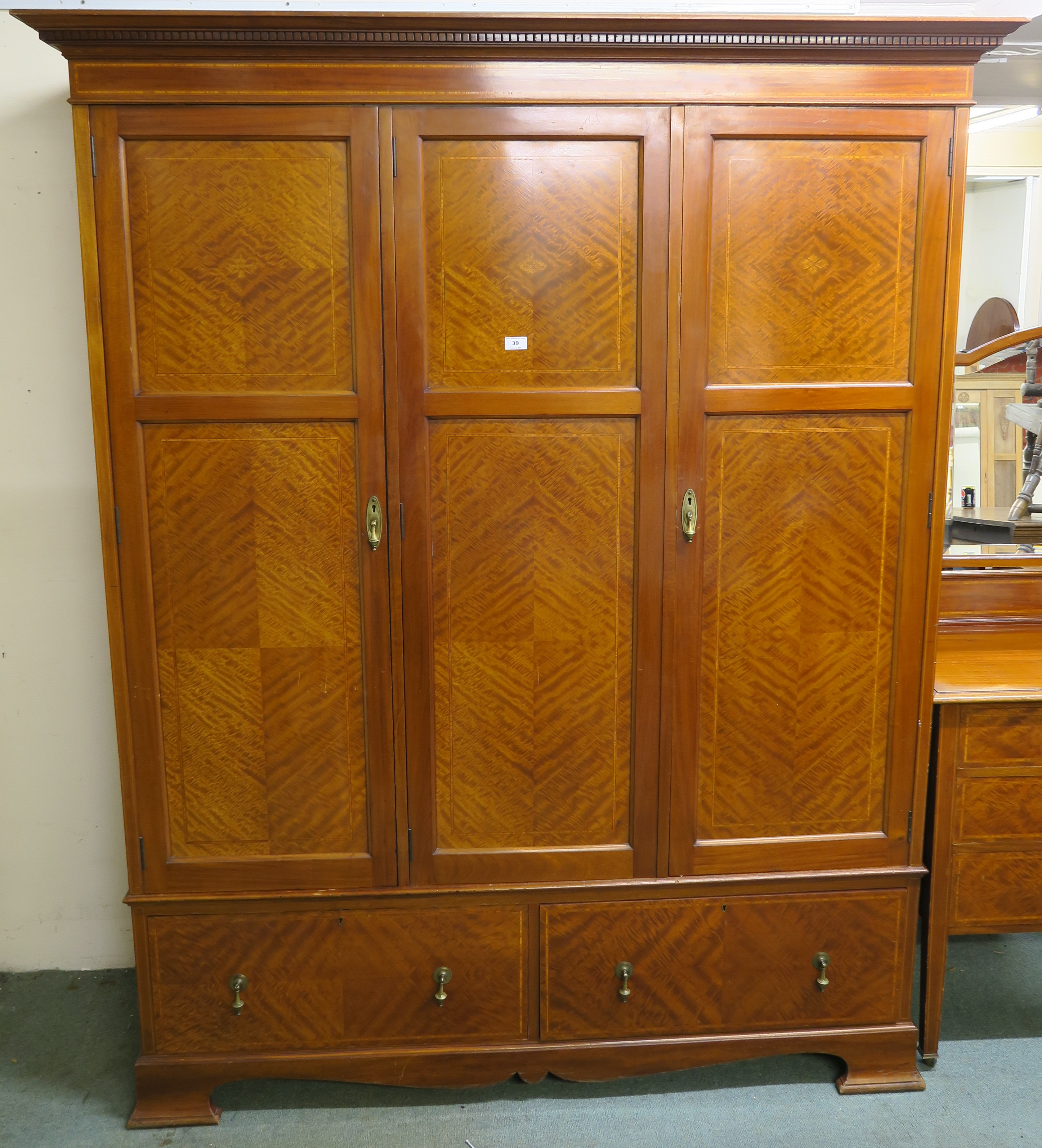 An inlaid mahogany three door fitted wardrobe with two lower drawers on bracket feet, 204cm high x - Image 2 of 5