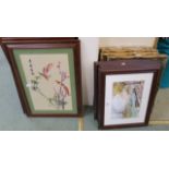 Four Parisian scene prints, four decorative oil paintings, two silk panels and a print (11)
