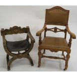 An oak armchair with leather seat and back, 119cm high and an x framed chair with leather seat (2)