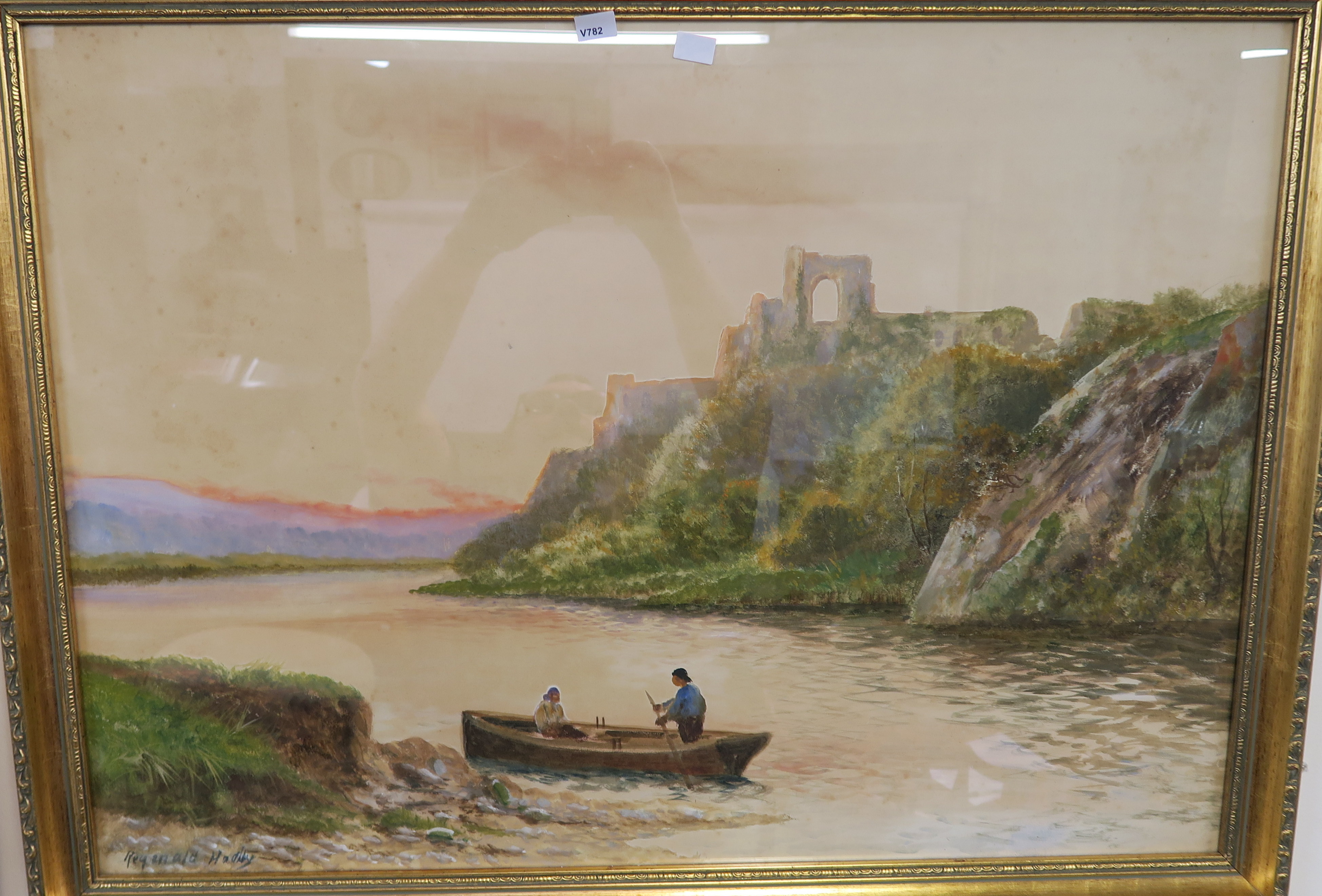 A watercolour of castle ruin and a small boat on a river, signed Reginald Hadley, 53cm x 74cm, an - Image 3 of 4