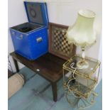 A Morris coffee table, brass occasional table,pair of onyx lamps Bell and Howell projector etc