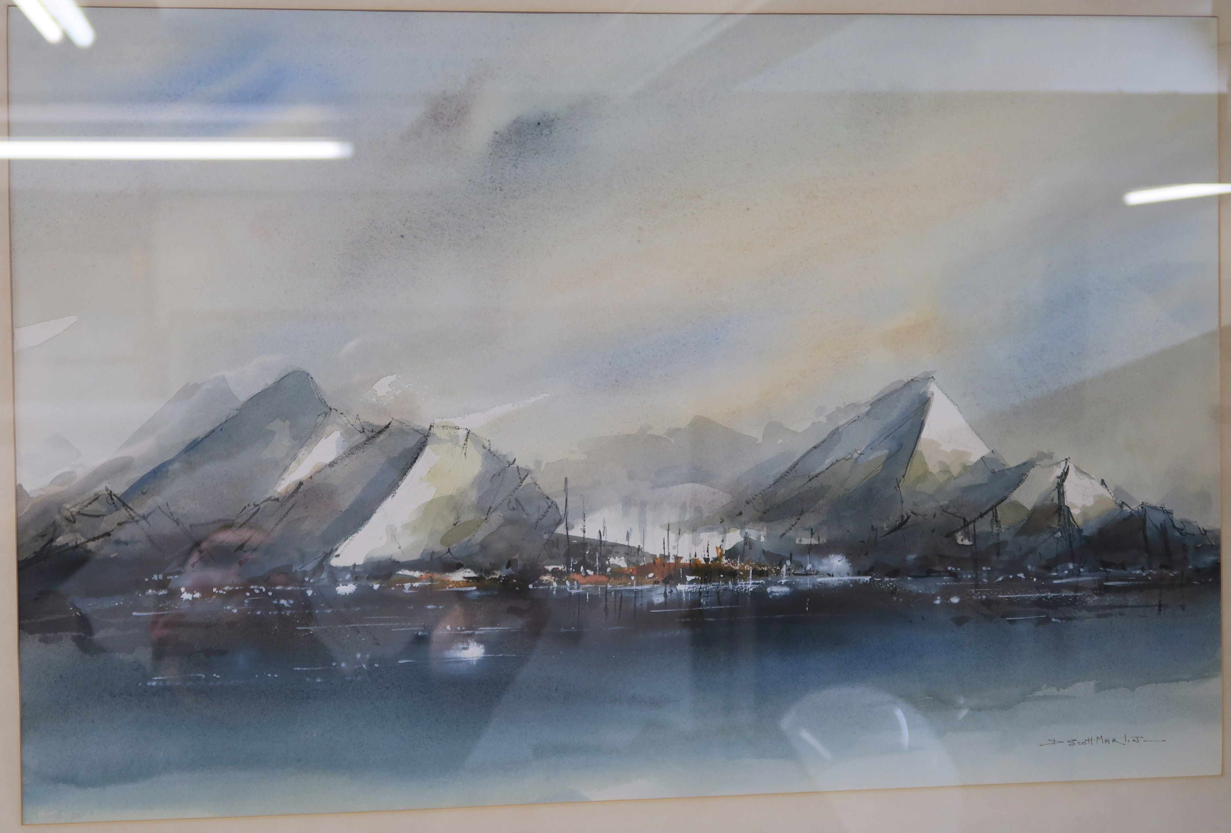Two watercolours by D Scott-Martin, "Island-Fire, Iceland", 44cm x 68cm and "Over Ayr to Arran" - Image 2 of 7