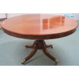 A Victorian mahogany breakfast table with pedestal on four sabre legs with brass castors, 73cm