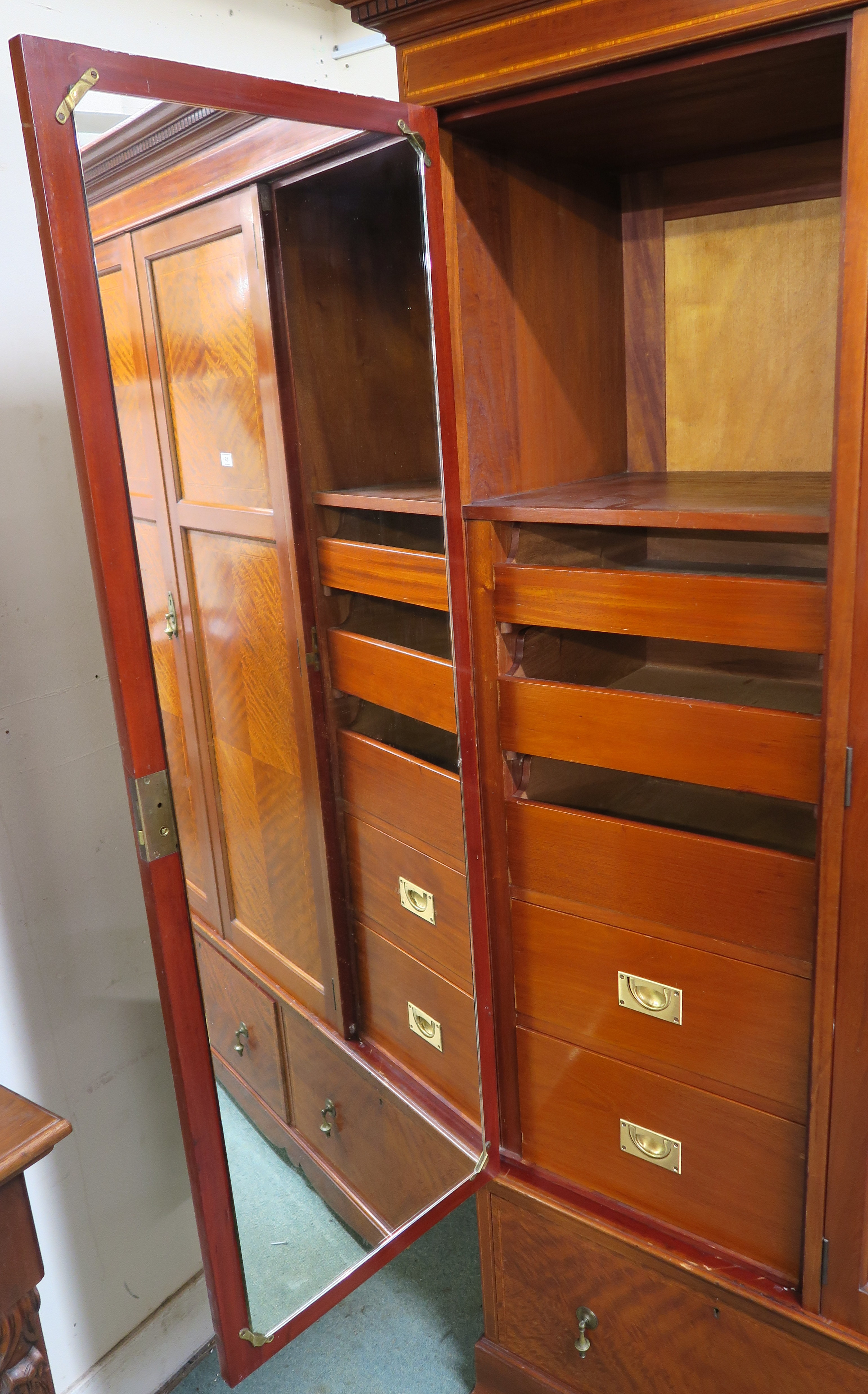 An inlaid mahogany three door fitted wardrobe with two lower drawers on bracket feet, 204cm high x - Image 3 of 5