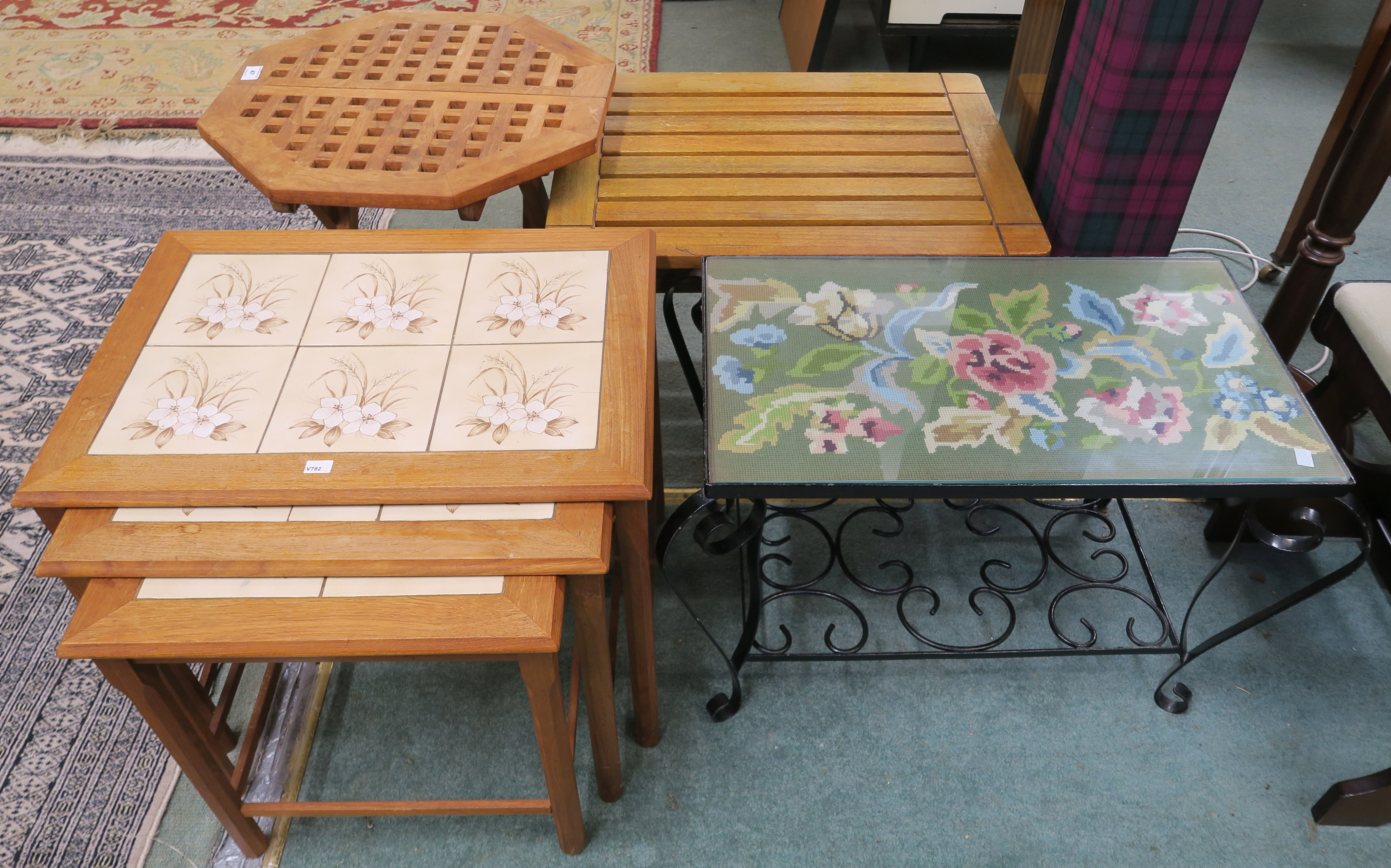 A Danish Toften teak nest of tables with tile top, A small Laxdale teak folding table, Teak side