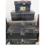 Three Jones`s metal trunks and two other metal trunks (5) Provenance: The Late Dr Helen. E. C.