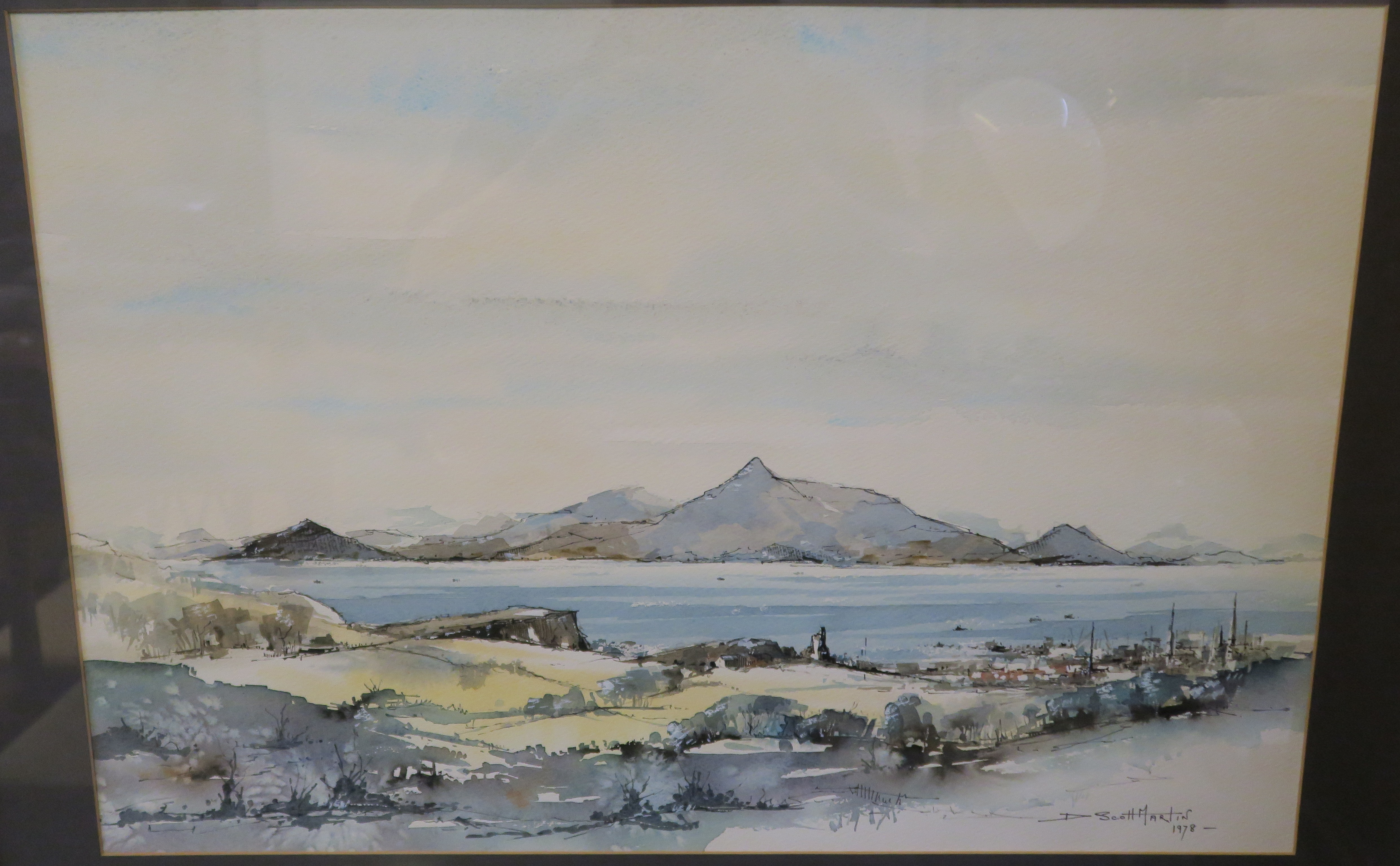 Two watercolours by D Scott-Martin, "Island-Fire, Iceland", 44cm x 68cm and "Over Ayr to Arran" - Image 5 of 7