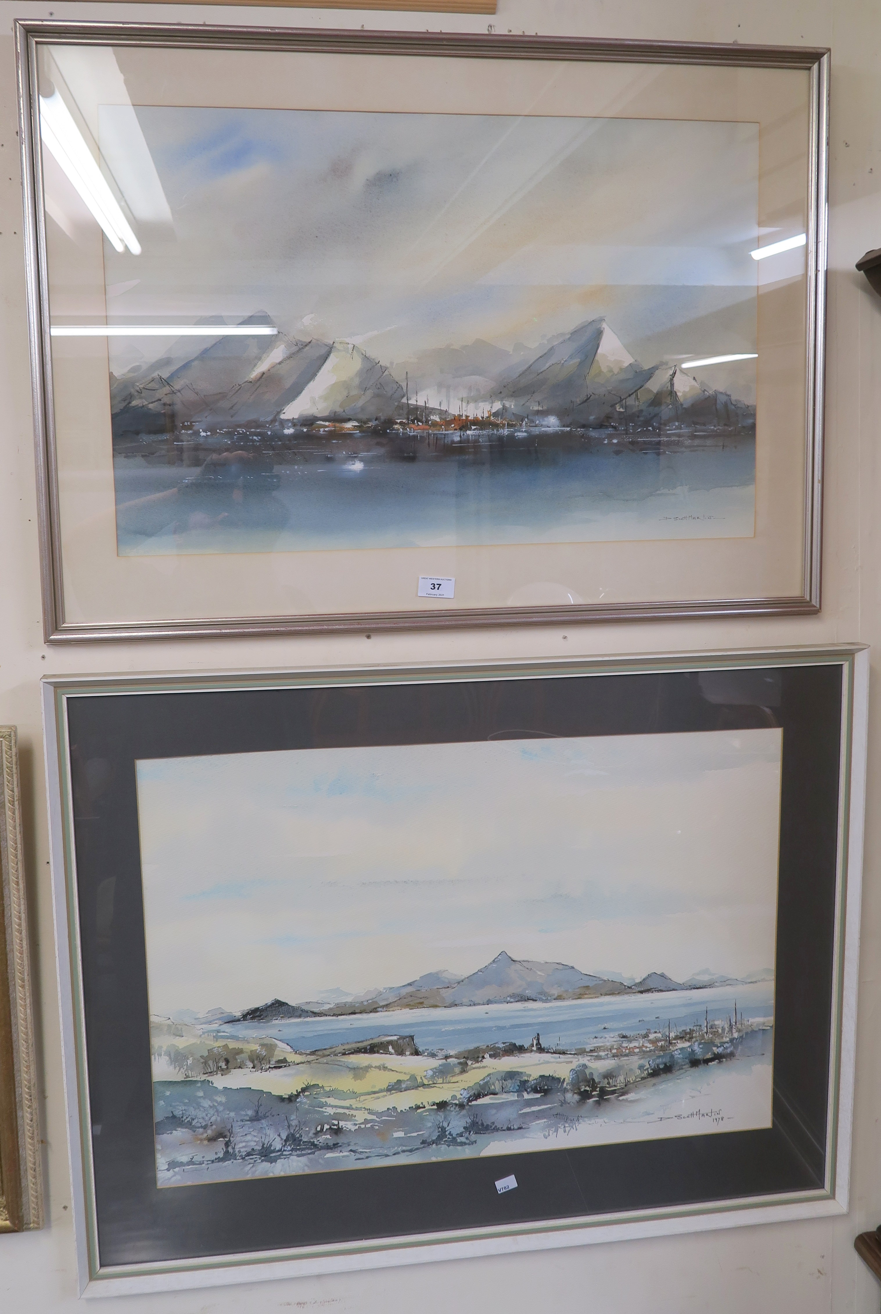 Two watercolours by D Scott-Martin, "Island-Fire, Iceland", 44cm x 68cm and "Over Ayr to Arran"