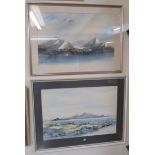 Two watercolours by D Scott-Martin, "Island-Fire, Iceland", 44cm x 68cm and "Over Ayr to Arran"