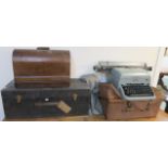 A Singer sewing machine, picnic hamper with cover, Remington typewriter and an Electrolux wooden box