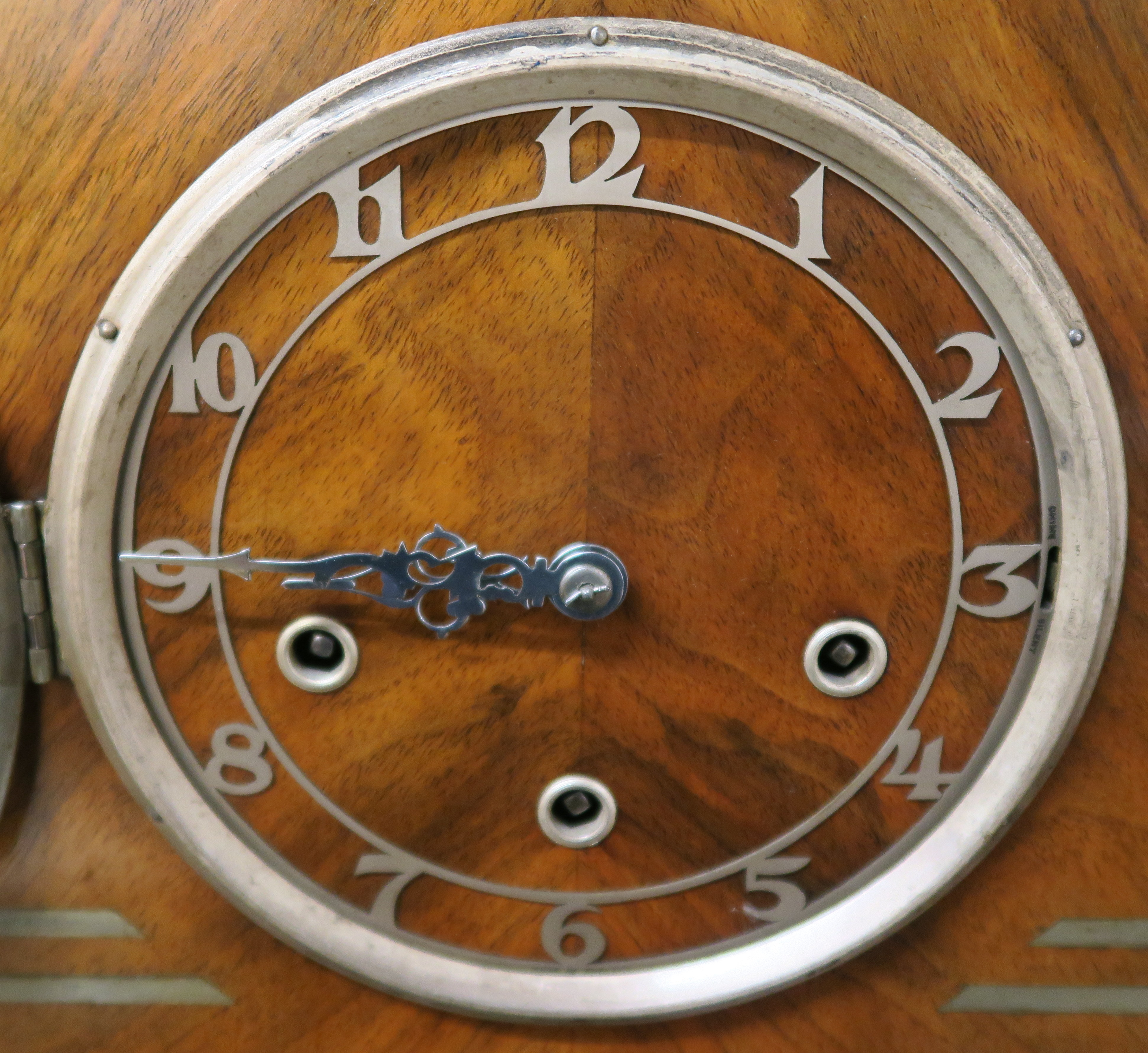 An Art Deco 1930's figured walnut grandmother clock. The Art Deco case having a silvered chapter - Image 2 of 2