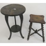 A carved oak stool with barley twist legs and stretchers and an occasional table (2) Condition