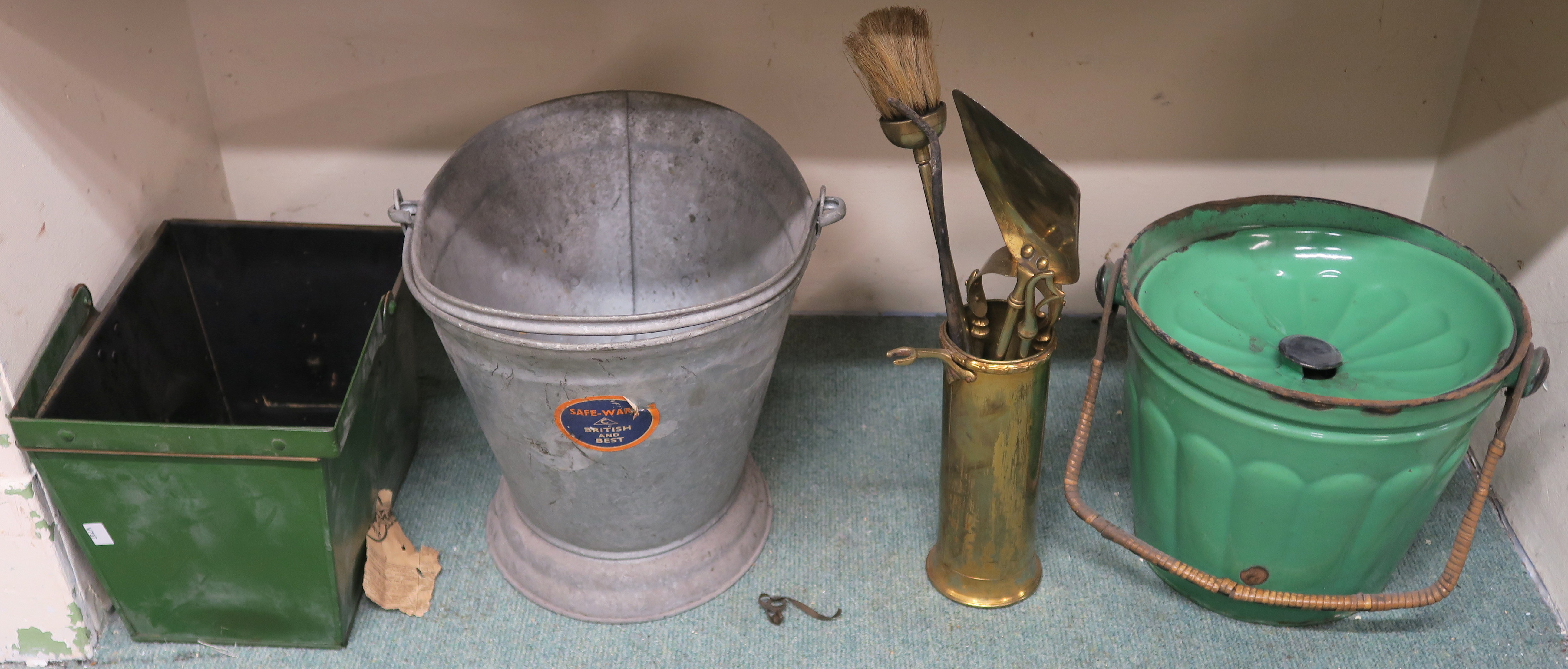 A green enamel coal bucket, kindling box, companion set and a galvanized Waterloo bucket (4)