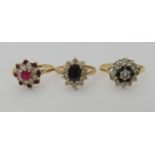 A 9ct gold sapphire and cz flower cluster ring size Q1/2, a further sapphire and cz cluster ring