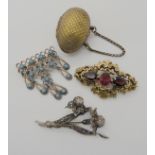 A yellow metal garnet and red glass gem set Victorian style brooch and other items Condition Report: