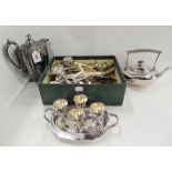 A tray lot of EP - hot water pot, kettle, egg epergne, loose cutlery etc Condition Report: Not