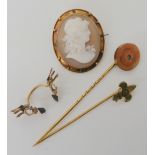 A yellow metal mounted shell cameo brooch 3.5cm x 2.8cm, a 9ct gold Scouting stick pin a further pin