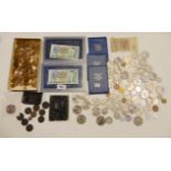 A tray lot of GB commemorative coins, copper coins, two framed £1 notes, coin sets etc Provenance: