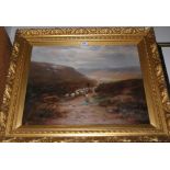 J M NESS Sheep drover going through a glen, signed, oil on canvas, dated, 1911, 50 x 65cm
