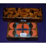 A decorative wooden glove box by Gants, 28cm wide and a painted tea caddy box (2) Provenance: The