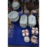 Turquoise glazed pottery tablewares comprising tureens, tazza, serving bowls, platters etc